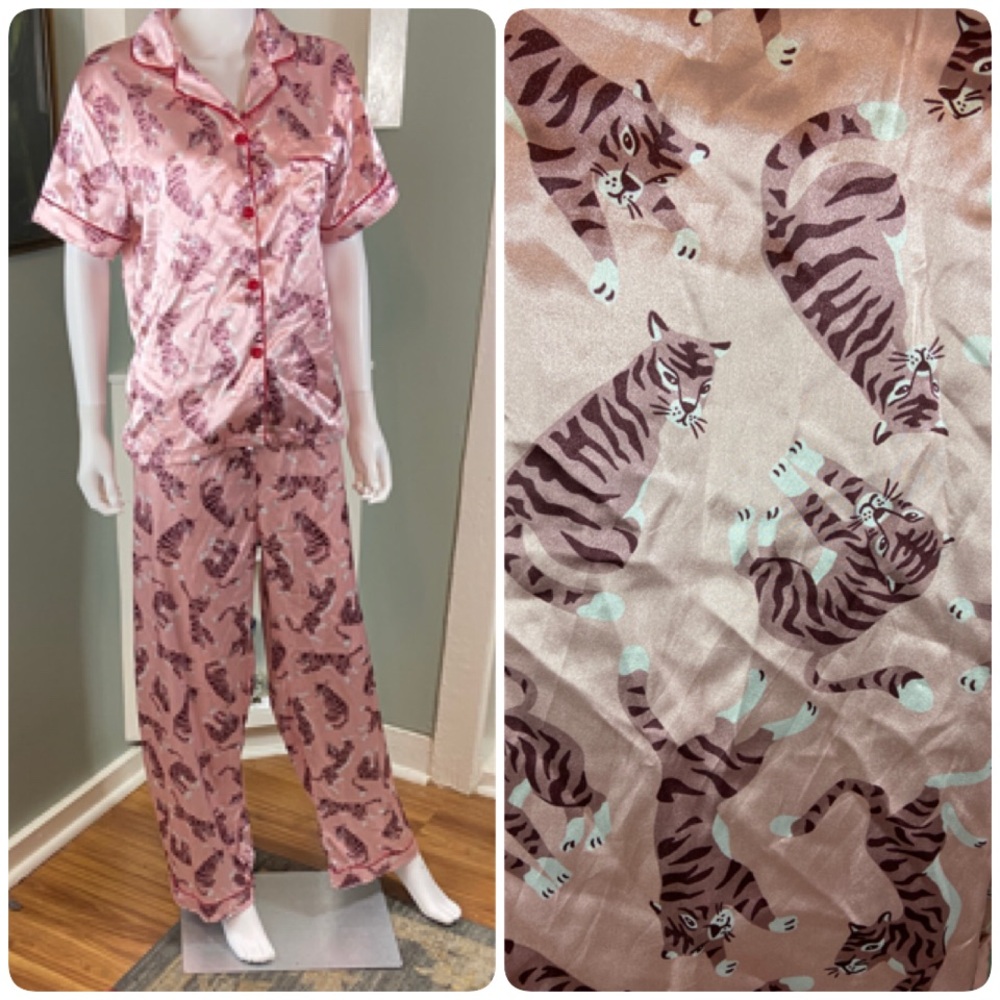 Novelty Shiny Satin Tigers Pink Pajama Pants Shirt Matching Set XL XLarge
